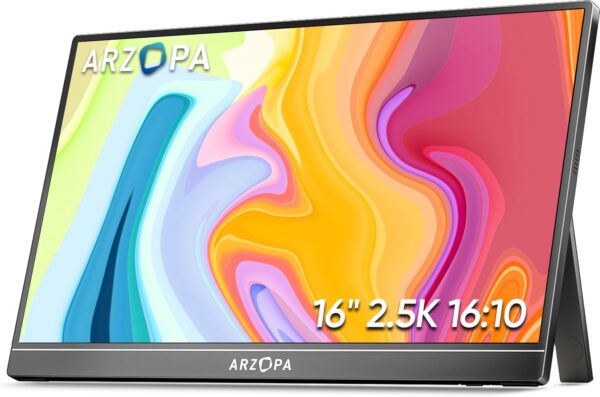 ARZOPA Moniteur portable 2,5K 16" 2560x1600 HDR avec béquille, 500 nits 8 bits QHD USB-C HDMI Moniteur pour ordinateur portable, 16:10 IPS Eye Care Écran externe secondaire pour Mac PC Téléphone PS4/5 Xbox Switch - Z1RC