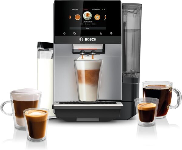 Machine à expresso entièrement automatique Bosch TQU60307 série 800 VeroCafe avec Home Connect, 36 variétés de boissons avec Coffee World, double tasse, récipient à lait intégré, en argent